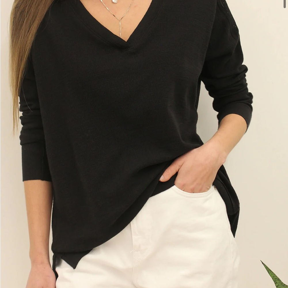 Black V-Neck Long Sleeve Sweater with perforated top